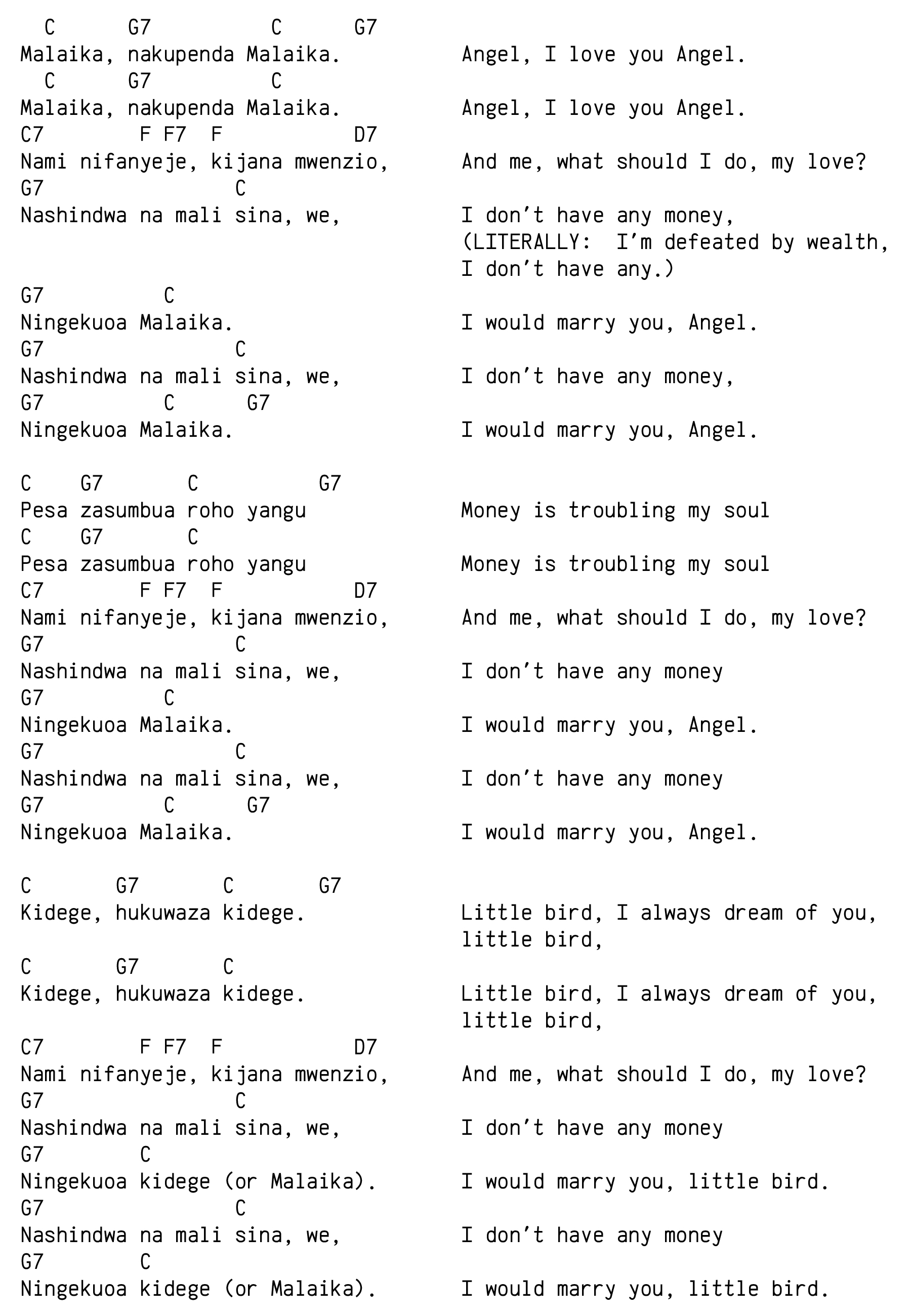 Lyrics and chords to "Malaika." Duolingo